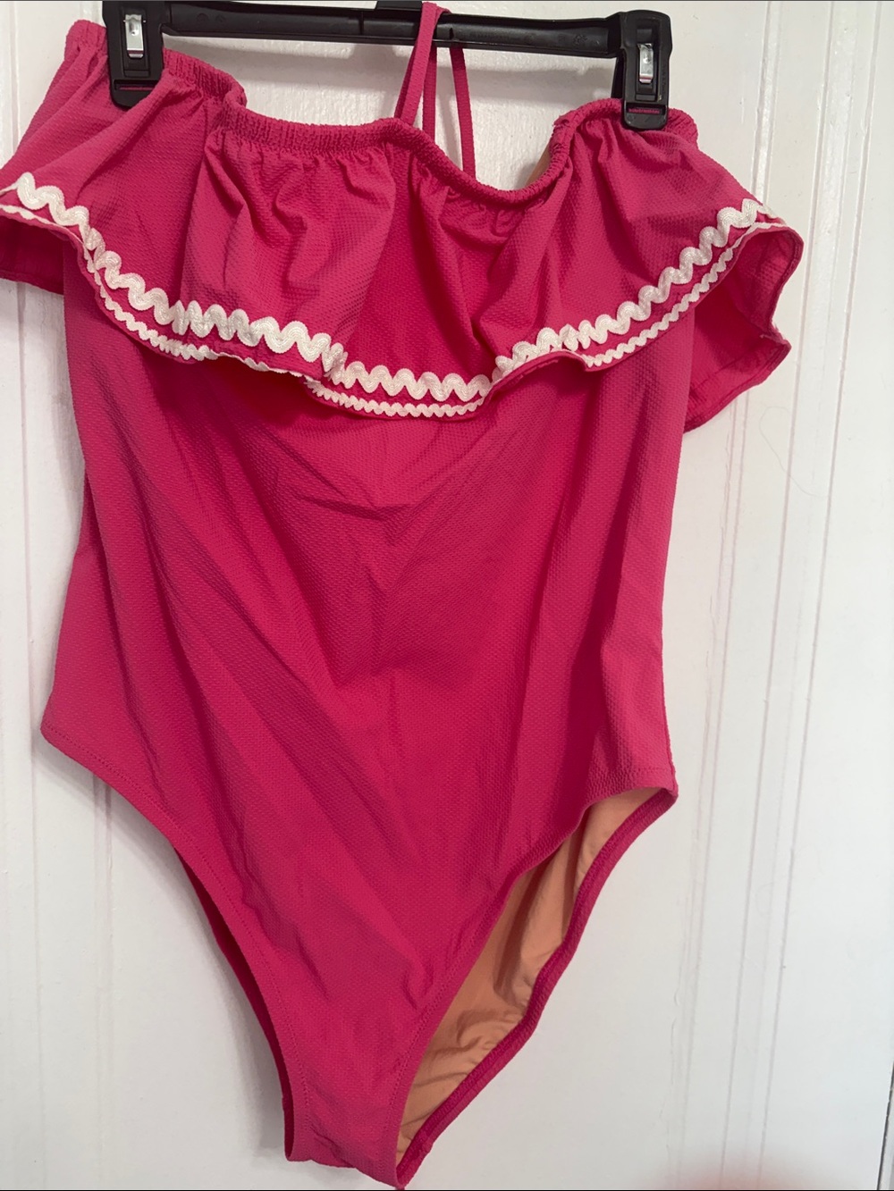 J. Crew Bright Pink Off-Shoulder Ruffle One-Piece Swimsuit with White Trim